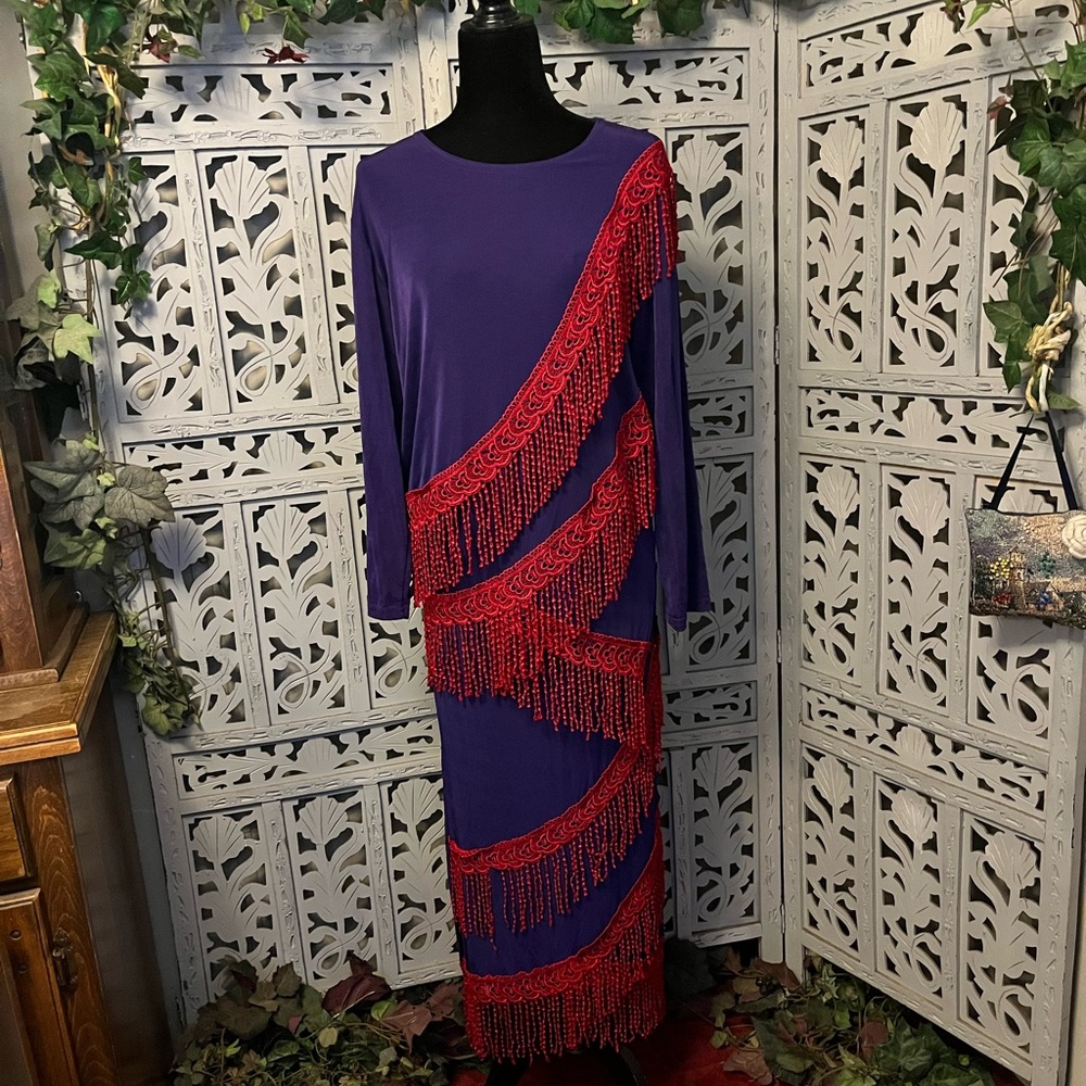 MAXIMA USA VINTAGE gorgeous purple with red fringe 2pc top & skirt maxi dress